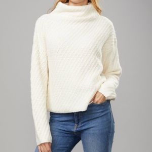 Cream Wool Blend Diagonal Stitch Mock Neck Sweater